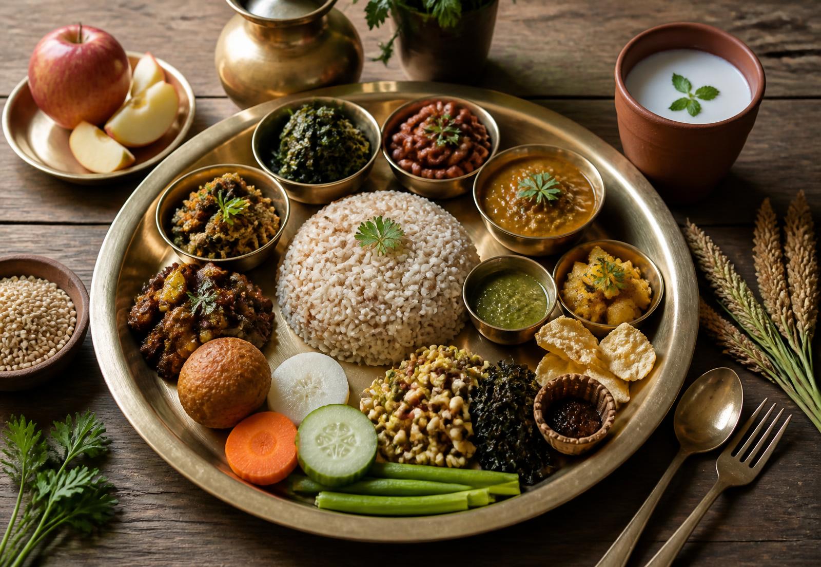 Traditional Nepali thali with organic grains, buttermilk and Himalayan apples